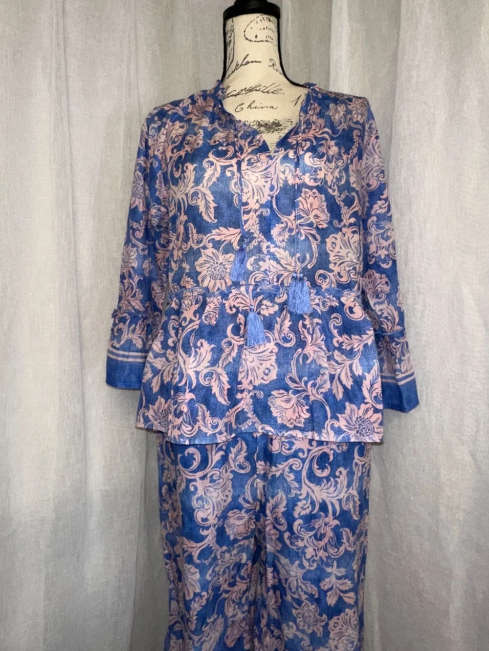 Johnny Was Workshop Florentina 2 Piece Set Blue Pink Floral Cotton Boho S/M